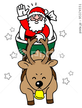 サンタクロースが乗ったソリを引くトナカイのクリスマスイラスト（シンプル） 95374551