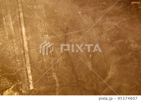 Aerial airplane panoramic view to Nazca geoglyph lines aka Hummingbird, Ica, Peru Aerial airplane panoramic view to Nazca geoglyph lines aka Hummingbird, Ica, Peru 95374607