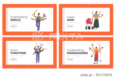 Multitasking Landing Page Template Set. People with Many Arms Doing Multiple Tasks. Mother with Baby, Housewife 95374650
