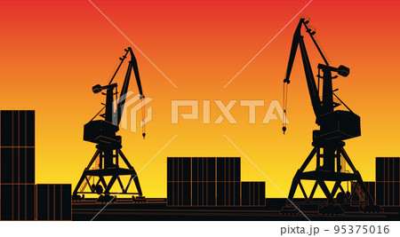 Silhouette commercial port with containers and cargo cranes on background with sunset sky. Silhouette commercial port with containers and cargo cranes on background with sunset sky. 95375016
