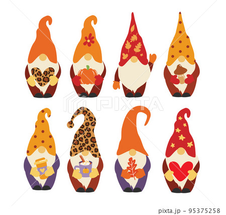 Cute vector set of little thanksgiving gnomes holding a pumpkin, heart, leaves, coffee cup. Cute vector set of little thanksgiving gnomes holding a pumpkin, heart, leaves, coffee cup. 95375258
