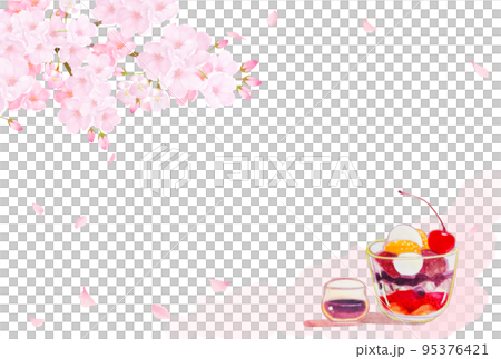 Cherry tree and petals-Anmitsu shiratama zenzai dessert Japanese style illustration-hand drawn material 95376421