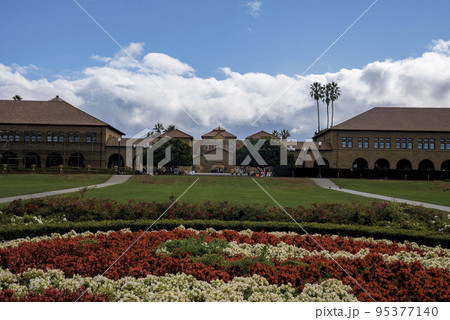 Student view of the Stanford University center entrance view. Beautiful university in Palo Alto.  95377140