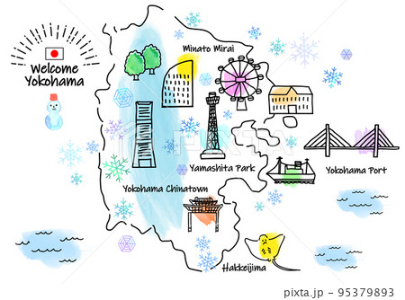手書きの冬の横浜の観光地シンプル線画イラストマップ 手書きの冬の横浜の観光地シンプル線画イラストマップ 95379893