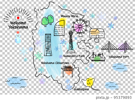 手書きの冬の横浜の観光地シンプル線画イラストマップ 手書きの冬の横浜の観光地シンプル線画イラストマップ 95379893