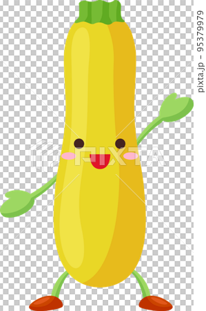 Illustration of a cute yellow zucchini character raising hand 95379979