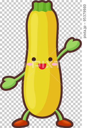 手を挙げるかわいい黄色ズッキーニのキャラクターのイラスト 95379980