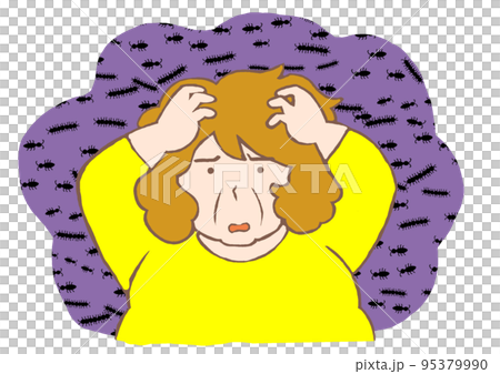 一個酗酒的女人被幻覺嚇壞的插圖，牆上的污漬看起來像大量的昆蟲 95379990