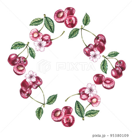 Watercolor cherry frame on a white background 95380109