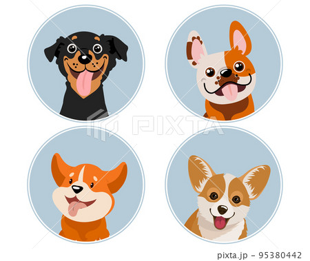 Set of portraits of cute dogs, pinscher, corgi, bulldog. Domestic animals illustration, vector Set of portraits of cute dogs, pinscher, corgi, bulldog. Domestic animals illustration, vector 95380442