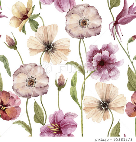Seamless pattern with watercolor flowers and leaves on a white background, hand painted. Seamless pattern with watercolor flowers and leaves on a white background, hand painted. 95381273