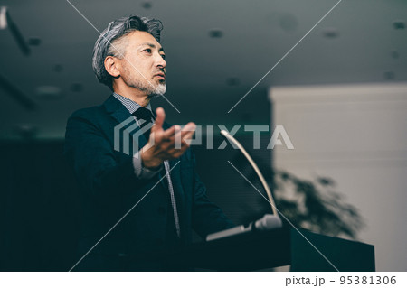登壇するグレイヘアの男性 95381306