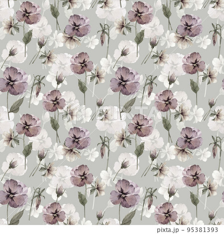 Seamless pattern with watercolor violet flowers on a gray background, hand painted.	 95381393