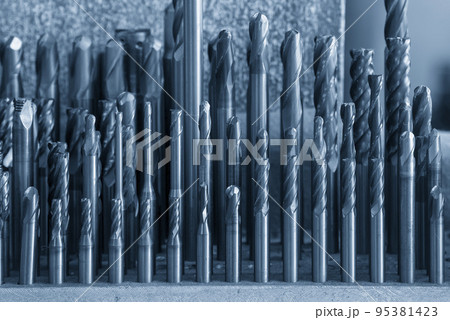 Close-up scene the group of used cutting tools for CNC milling machine. 95381423
