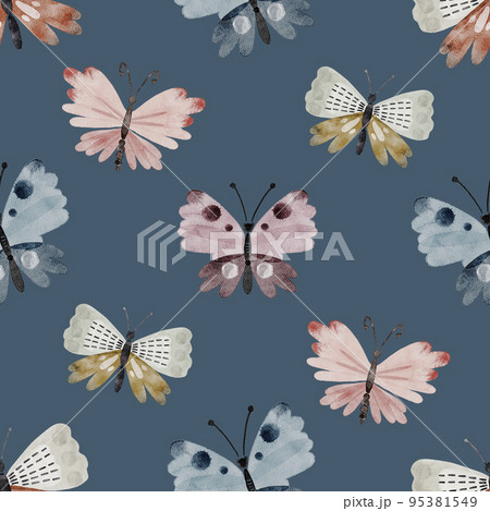 Seamless pattern with colorful butterflies on a blue background close-up, watercolor illustration. Seamless pattern with colorful butterflies on a blue background close-up, watercolor illustration. 95381549