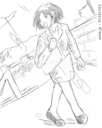 朝晴れた朝に出勤する女性のイラスト 95381563