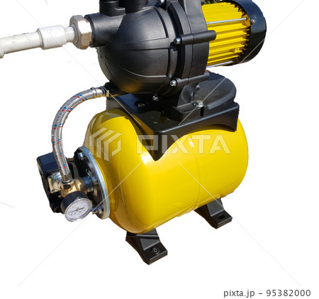 New pumping station of water supply, household automatic station. Isolated on a white background. Iron pump housing, pressure sensor, yellow 95382000