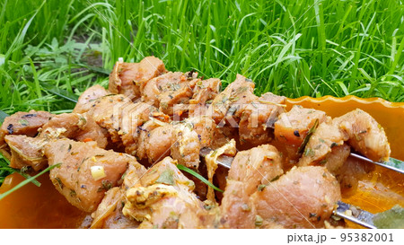 Fresh raw pork meat strung on a skewer for cooking on coals, on a barbecue grill. Summer family picnic, meat preparation, outdoor, on the grass 95382001