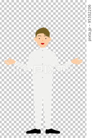 A male student wearing a white school uniform, gesture to spread both hands 95382206