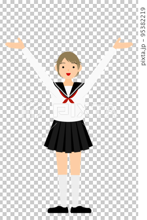 A girl student wearing a white sailor suit poses to raise her open arms A girl student wearing a white sailor suit poses to raise her open arms 95382219