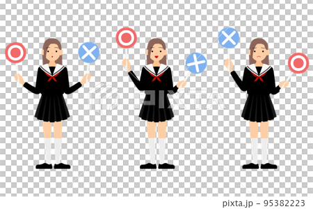 マルバツ棒で問題に答えるセーラー服を着た女子生徒のセット マルバツ棒で問題に答えるセーラー服を着た女子生徒のセット 95382223