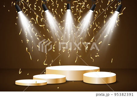 Golden podium with a spotlight on a dark background, falling golden confetti, first place, fame and popularity. Vector illustration. Golden podium with a spotlight on a dark background, falling golden confetti, first place, fame and popularity. Vector illustration. 95382391