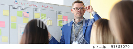 The coach in office standing at the blackboard teaches women 95383070