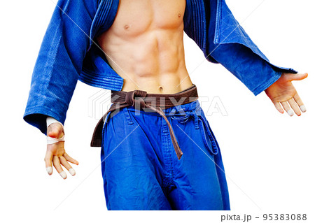 male judoka athlete in blue kimono on white background 95383088