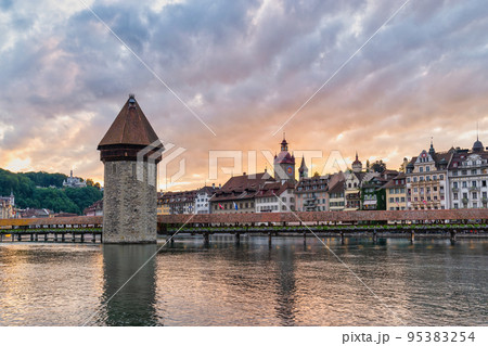 Lucerne (Luzern) Switzerland, sunset city skyline at Chapel Bridge Lucerne (Luzern) Switzerland, sunset city skyline at Chapel Bridge 95383254
