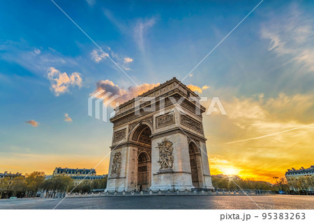 Paris France sunset city skyline at Arc de Triomphe and Champs Elysees Paris France sunset city skyline at Arc de Triomphe and Champs Elysees 95383263