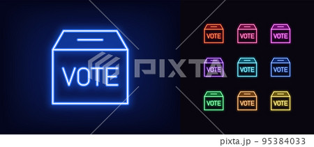 Outline neon vote box icon. Glowing neon voting box with text Vote, public polling and election day pictogram. Politic voting Outline neon vote box icon. Glowing neon voting box with text Vote, public polling and election day pictogram. Politic voting 95384033