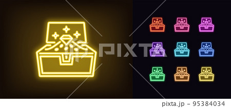 Outline neon treasure chest icon. Glowing neon opened chest with gold coins and diamond, treasure box pictogram Outline neon treasure chest icon. Glowing neon opened chest with gold coins and diamond, treasure box pictogram 95384034