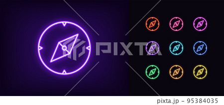 Outline neon compass icon. Glowing neon compass arrow, north direction, orientation pointer pictogram. Navigation and destination Outline neon compass icon. Glowing neon compass arrow, north direction, orientation pointer pictogram. Navigation and destination 95384035