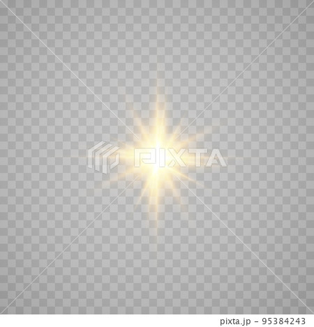 Golden star, on a black background, the effect of glow and rays of light, glowing lights, sun.vector. 95384243