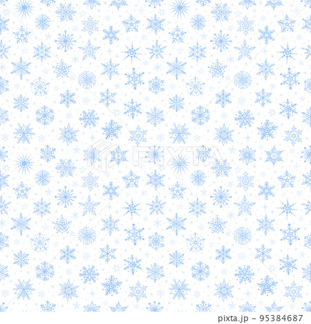 Seamless pattern with snow. Falling blue snowflakes on white background. Vector illustration with snowflakes. Can be used for wallpaper, pattern fills, textile, web page background, surface textures. 95384687