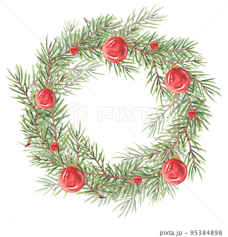 Watercolor wreath with Christmas tree branches...のイラスト素材