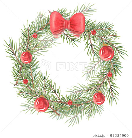 Watercolor wreath with Christmas tree branches on a white background. With Christmas tree toys and a bow. Red Christmas ball. Vintage frame made of twigs. Suitable for Christmas cards, print, design. Watercolor wreath with Christmas tree branches on a white background. With Christmas tree toys and a bow. Red Christmas ball. Vintage frame made of twigs. Suitable for Christmas cards, print, design. 95384900