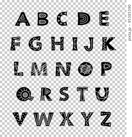 Alphabet hand draw black and white letters in folk style. Scandinavian ethnic style. Vector illustration 95385390