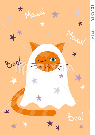 Halloween magic cat in a ghost costume. Greeting card with lettering boo and meow. Vector illustration 95385401
