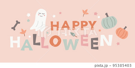 Cute Happy Halloween banner greeting card with funny ghost, pumpkin and stars. Vector illustration Cute Happy Halloween banner greeting card with funny ghost, pumpkin and stars. Vector illustration 95385403