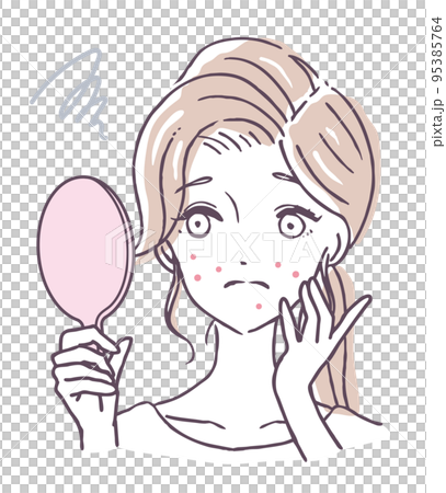 一個女人看著手鏡,皮膚粗糙的插圖素材一個無法治愈大量痤瘡的人的人物素材 一個女人看著手鏡,皮膚粗糙的插圖素材一個無法治愈大量痤瘡的人的人物素材 95385764