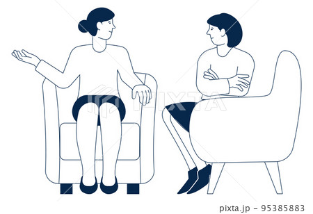 Women sit on chairs and talking. Friends meeting icon 95385883