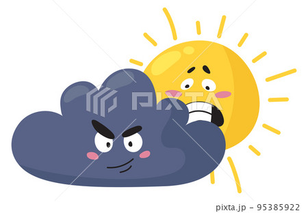 Cloud with evil green face hiding scared sun. - Stock