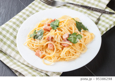 Pasta Carbonara served on a white plate. Pasta Carbonara served on a white plate. 95386298