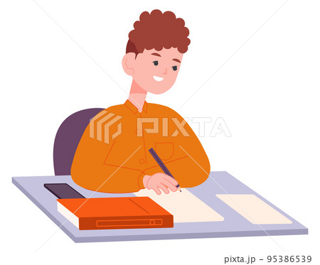 Boy doing homework at desk. Kid writing. Child...のイラスト素材 [95386539] - PIXTA