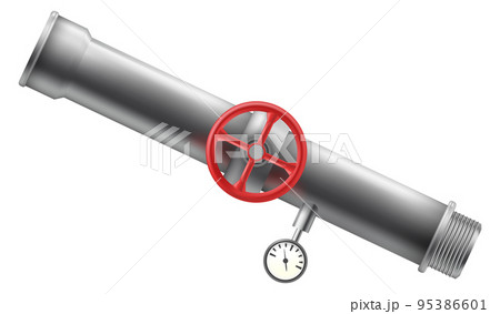 Industrial metal pipe with valve and gauge. Realistic mockup 95386601