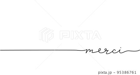 Merci word - continuous one line with word. Minimalistic drawing of phrase illustration. Merci word - continuous one line with word. Minimalistic drawing of phrase illustration. 95386761