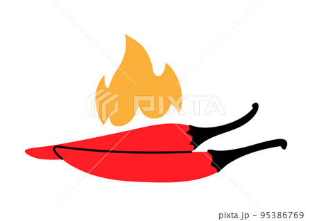 Red hot chili peppers with fire illustration. Hot chili peppers sketch. Red pepper drawing. Hand drawn sketch design element. Vector illustration 95386769