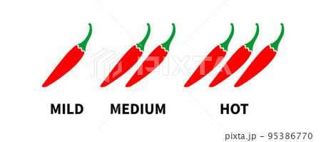 Set of hot red pepper strength scale. Spicy farm food products. Indicator with mild, medium and hot icon positions. Vector illustration 95386770