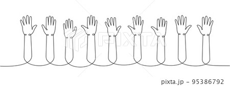 Hands up one line continuous drawing. Applaud hands continuous one line illustration. Vector minimalist linear illustration. 95386792